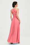 Vestido de dama de honor de gasa plisado con cuello halter, sin mangas, fruncido, formal, de noche, para graduación 