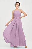 Vestido de dama de honor de gasa plisado con cuello halter, sin mangas, fruncido, formal, de noche, para graduación 