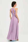 Vestido de dama de honor de gasa plisado con cuello halter, sin mangas, fruncido, formal, de noche, para graduación 