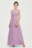 Vestido de dama de honor de gasa plisado con cuello halter, sin mangas, fruncido, formal, de noche, para graduación 