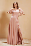 Square Neckline with Flutter Sleeves Chiffon Bridesmaid Dress Long Formal Evening Dresses