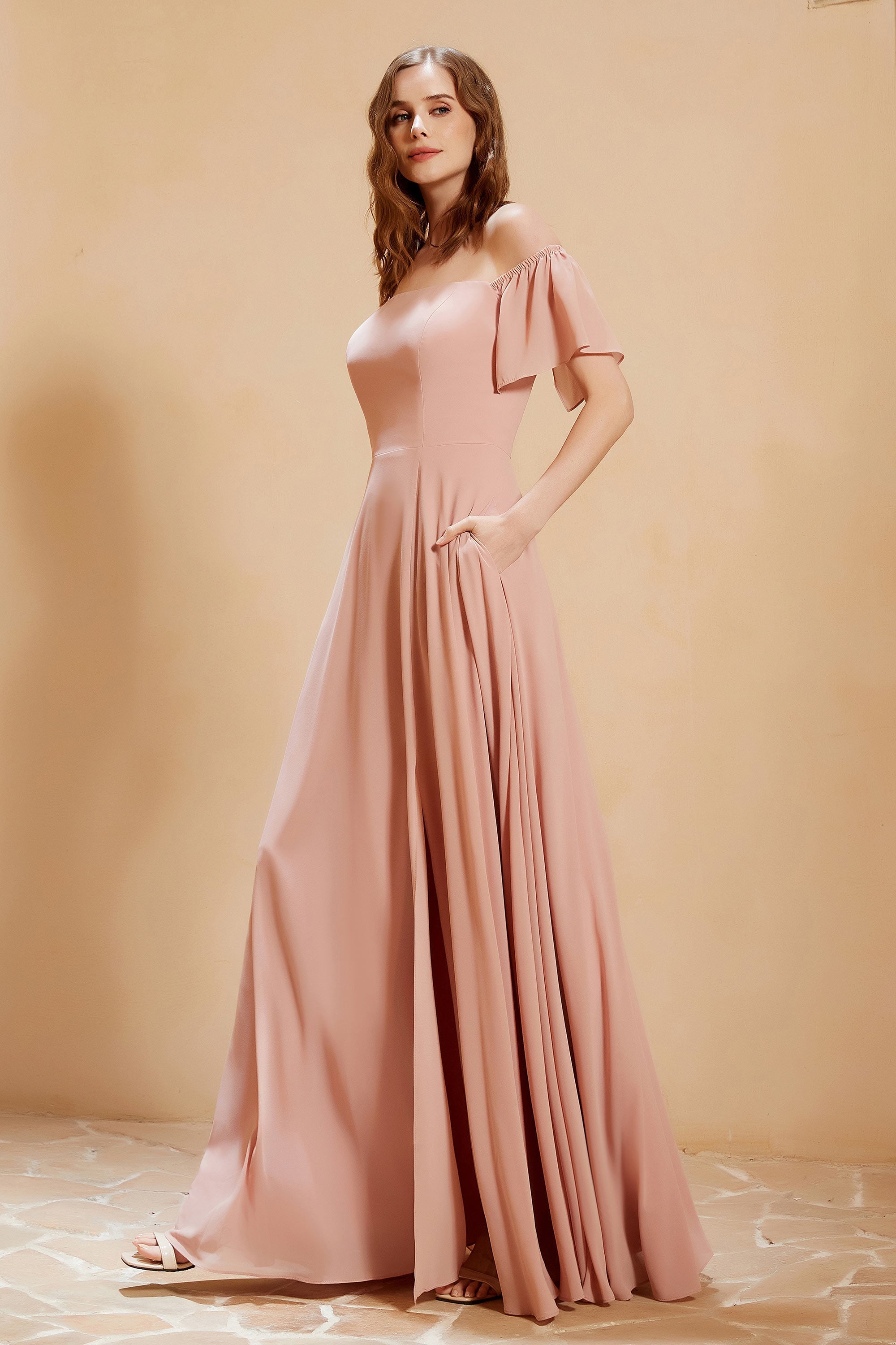 Square Neckline with Flutter Sleeves Chiffon Bridesmaid Dress Long Formal Evening Dresses