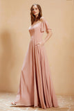 Square Neckline with Flutter Sleeves Chiffon Bridesmaid Dress Long Formal Evening Dresses