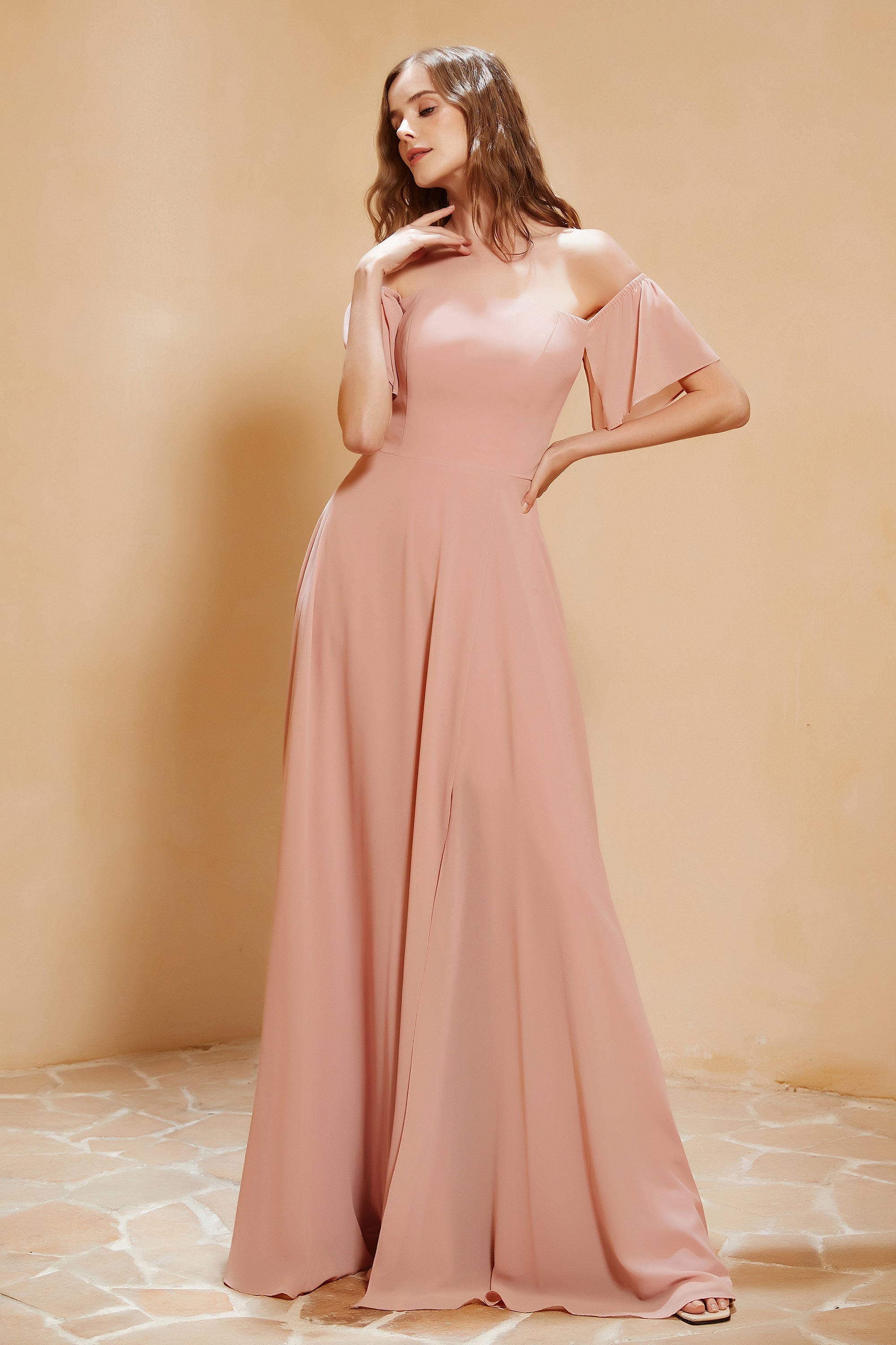 Square Neckline with Flutter Sleeves Chiffon Bridesmaid Dress Long Formal Evening Dresses