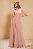 Square Neckline with Flutter Sleeves Chiffon Bridesmaid Dress Long Formal Evening Dresses