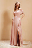 Square Neckline with Flutter Sleeves Chiffon Bridesmaid Dress Long Formal Evening Dresses
