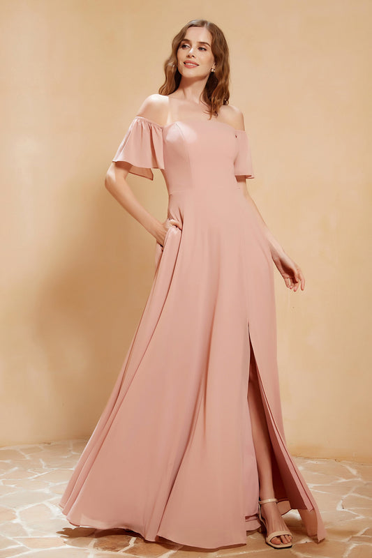 Square Neckline with Flutter Sleeves Chiffon Bridesmaid Dress Long Formal Evening Dresses