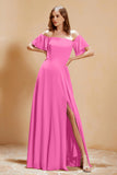 Square Neckline with Flutter Sleeves Chiffon Bridesmaid Dress Long Formal Evening Dresses