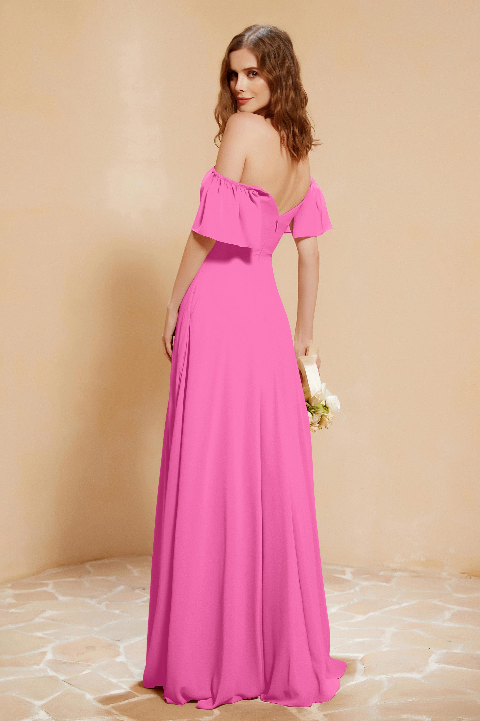 Square Neckline with Flutter Sleeves Chiffon Bridesmaid Dress Long Formal Evening Dresses