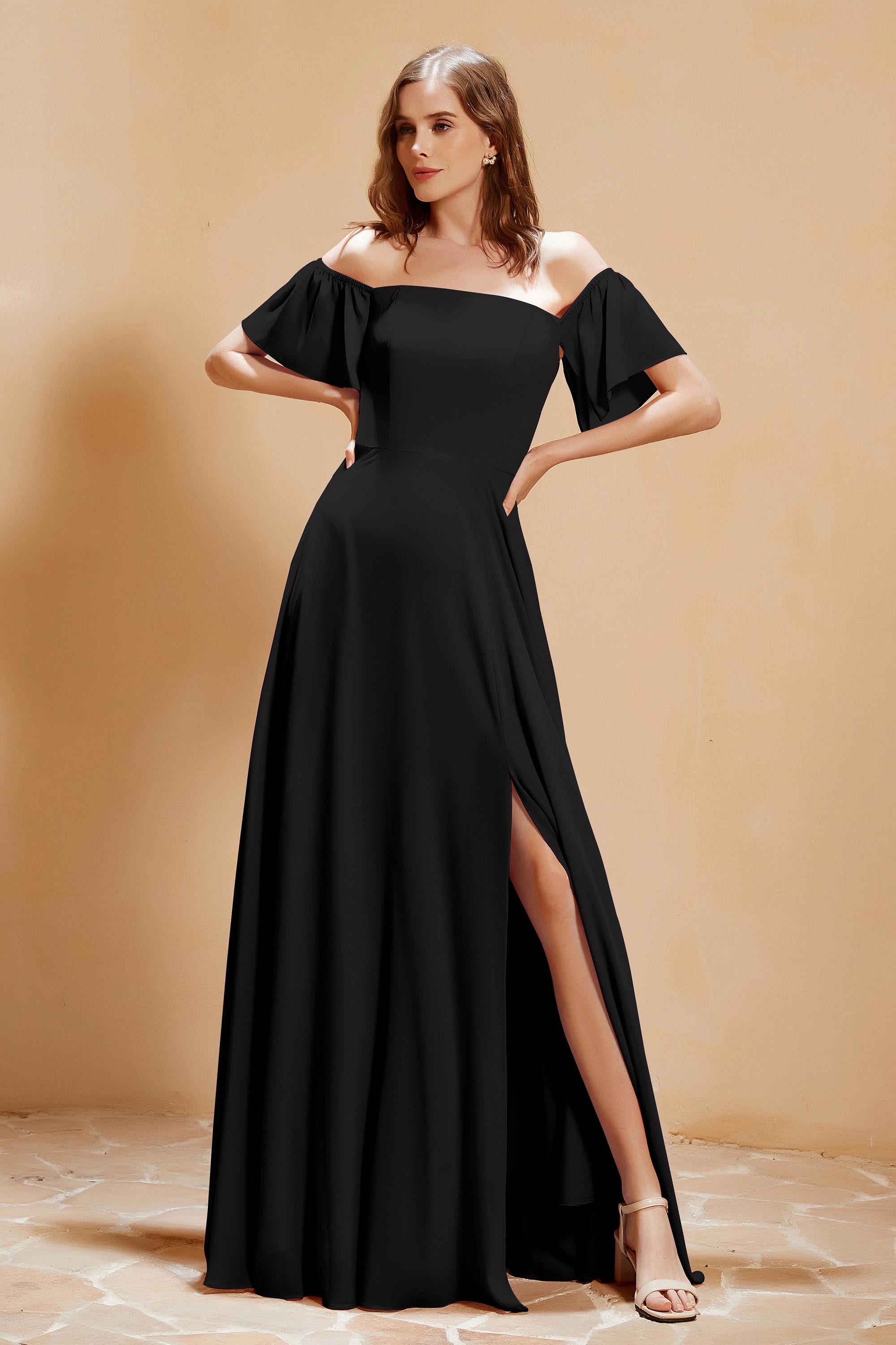 Square Neckline with Flutter Sleeves Chiffon Bridesmaid Dress Long Formal Evening Dresses