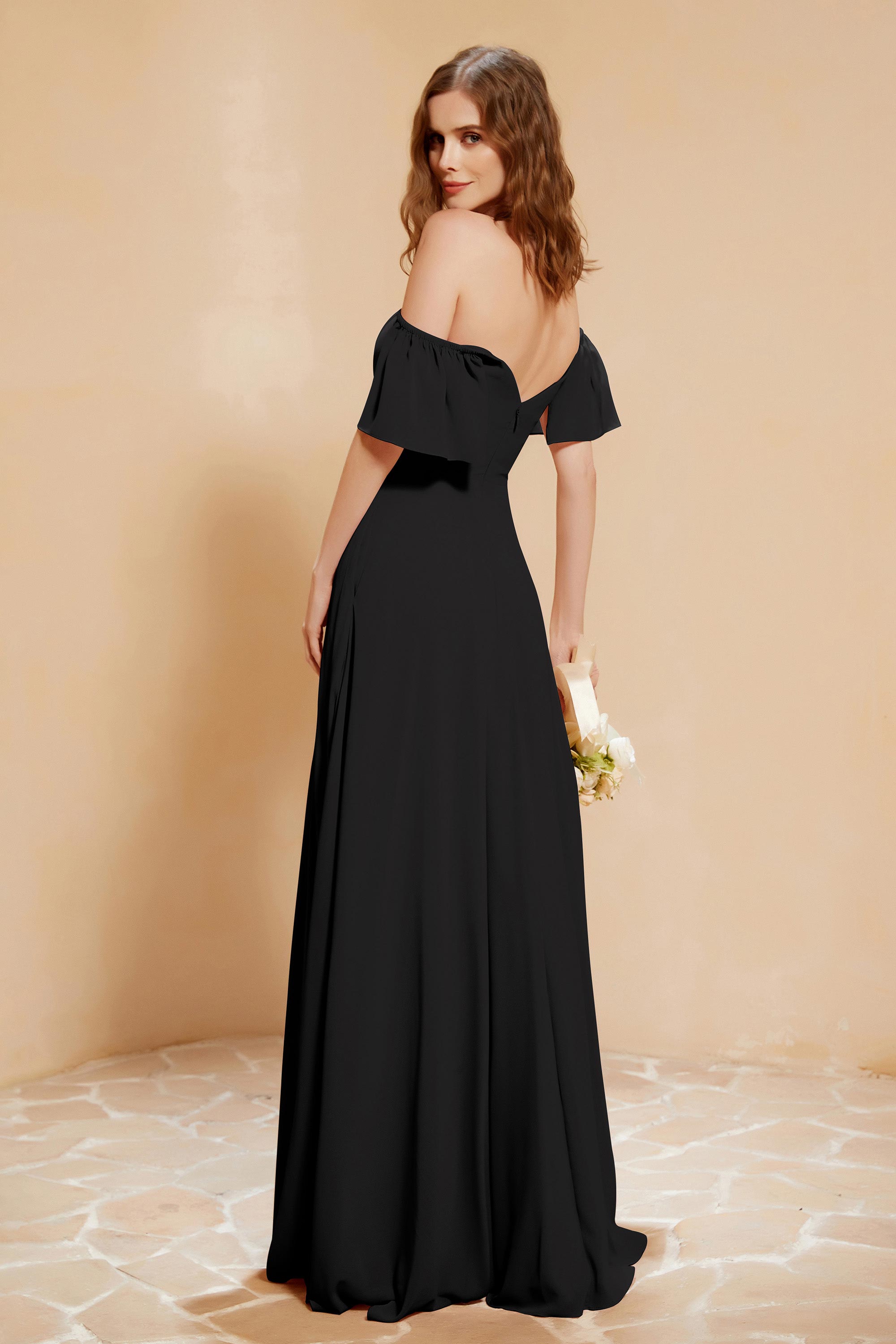 Square Neckline with Flutter Sleeves Chiffon Bridesmaid Dress Long Formal Evening Dresses