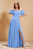 Square Neckline with Flutter Sleeves Chiffon Bridesmaid Dress Long Formal Evening Dresses