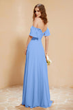 Square Neckline with Flutter Sleeves Chiffon Bridesmaid Dress Long Formal Evening Dresses