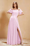 Square Neckline with Flutter Sleeves Chiffon Bridesmaid Dress Long Formal Evening Dresses