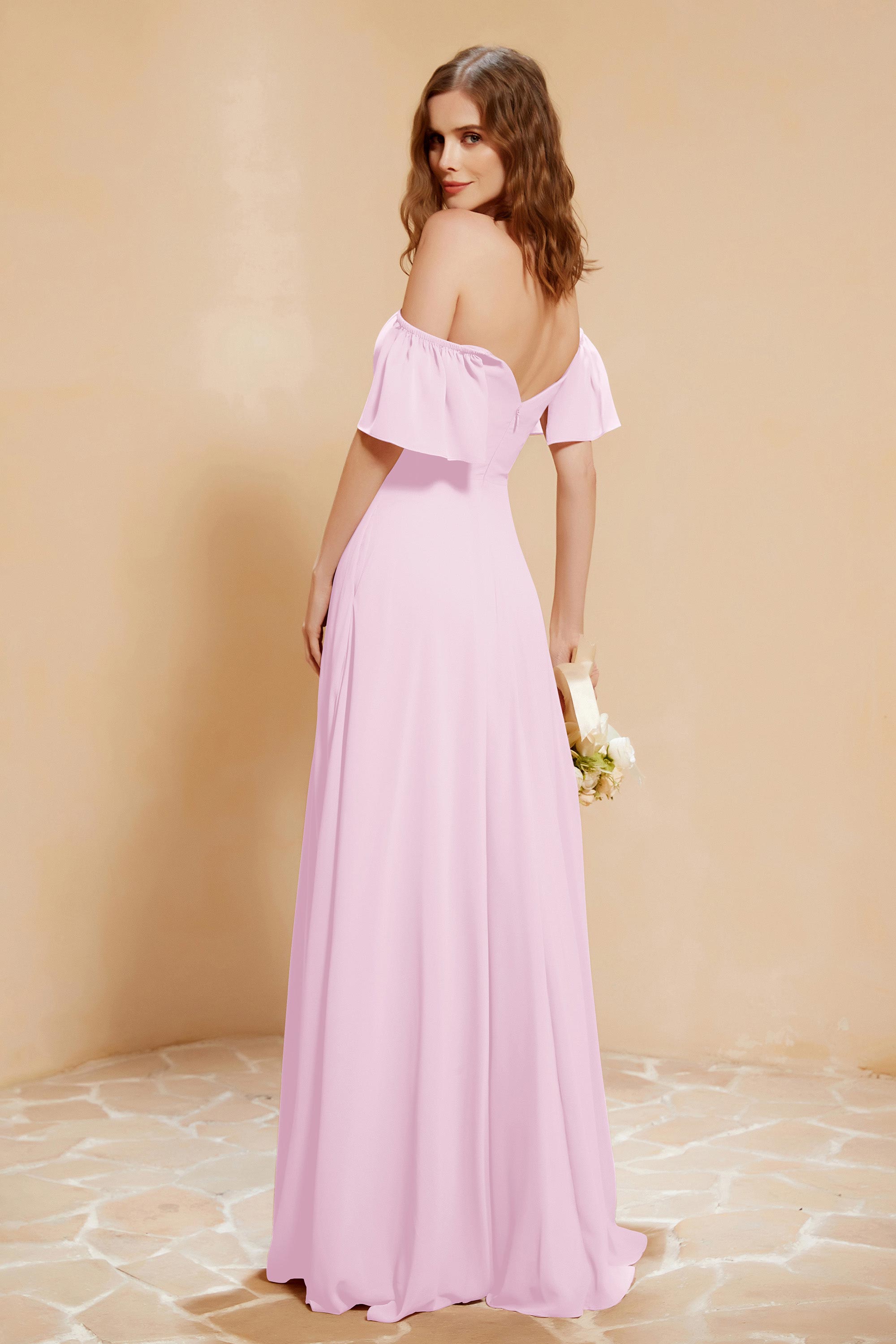 Square Neckline with Flutter Sleeves Chiffon Bridesmaid Dress Long Formal Evening Dresses