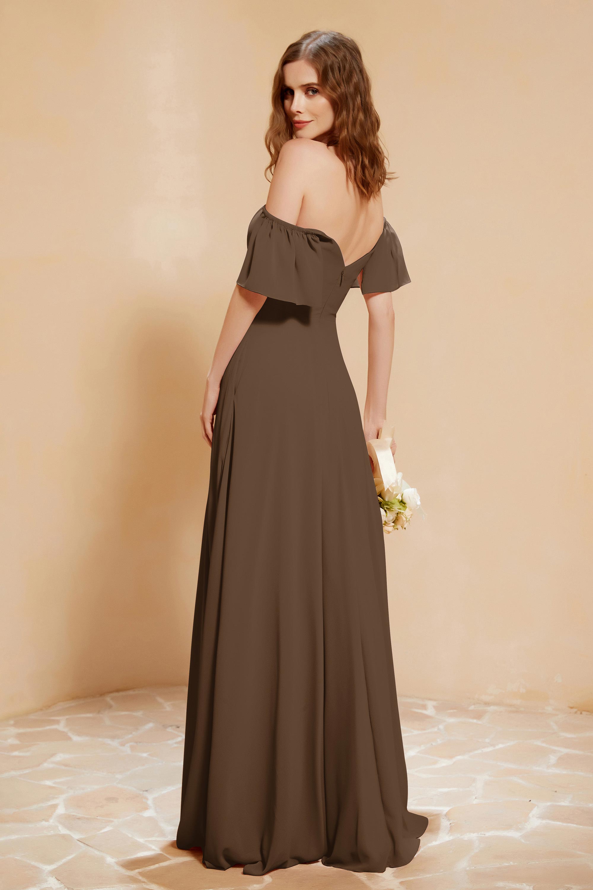 Square Neckline with Flutter Sleeves Chiffon Bridesmaid Dress Long Formal Evening Dresses