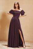 Square Neckline with Flutter Sleeves Chiffon Bridesmaid Dress Long Formal Evening Dresses