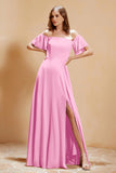 Square Neckline with Flutter Sleeves Chiffon Bridesmaid Dress Long Formal Evening Dresses