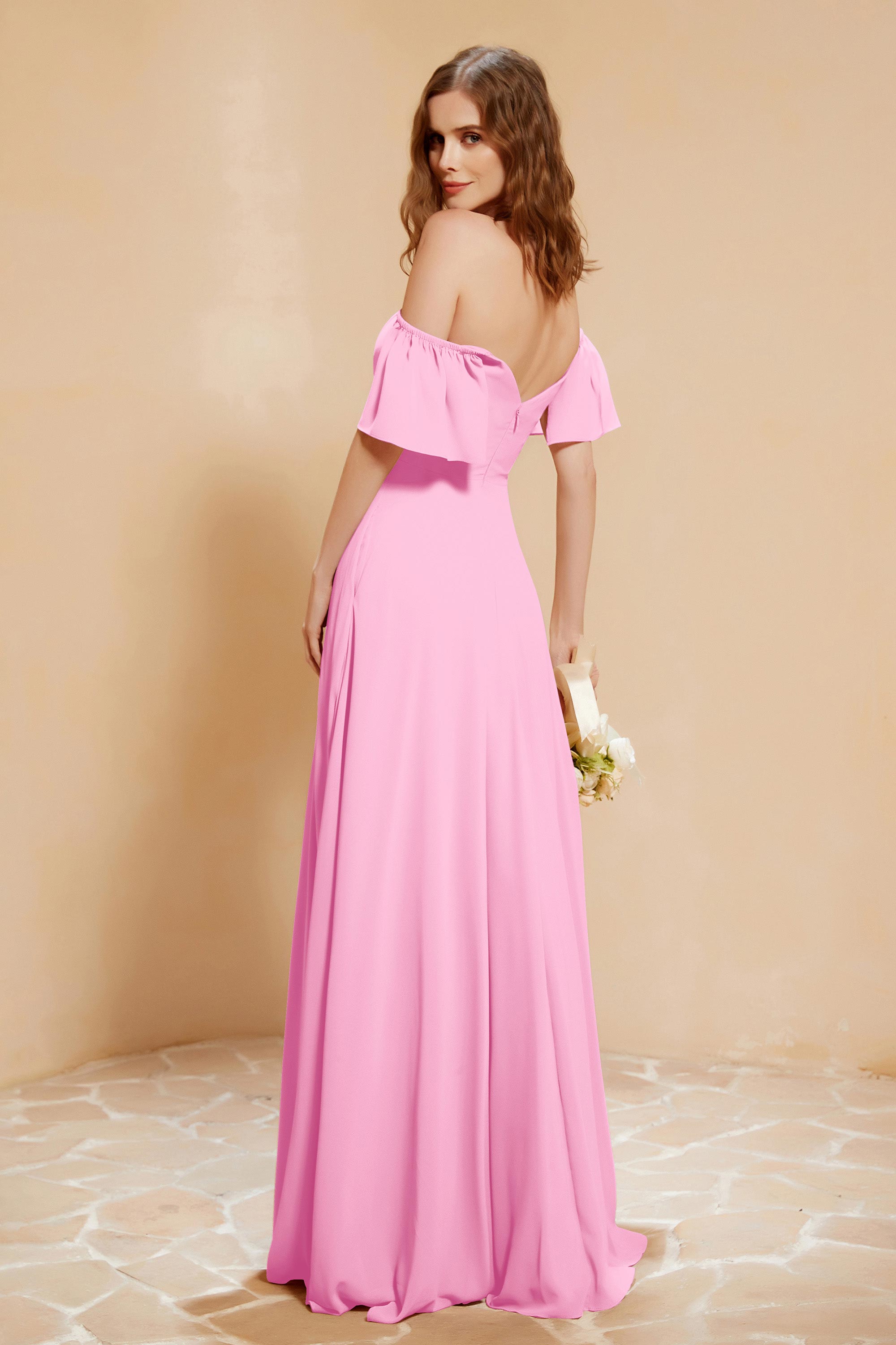 Square Neckline with Flutter Sleeves Chiffon Bridesmaid Dress Long Formal Evening Dresses