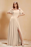 Square Neckline with Flutter Sleeves Chiffon Bridesmaid Dress Long Formal Evening Dresses