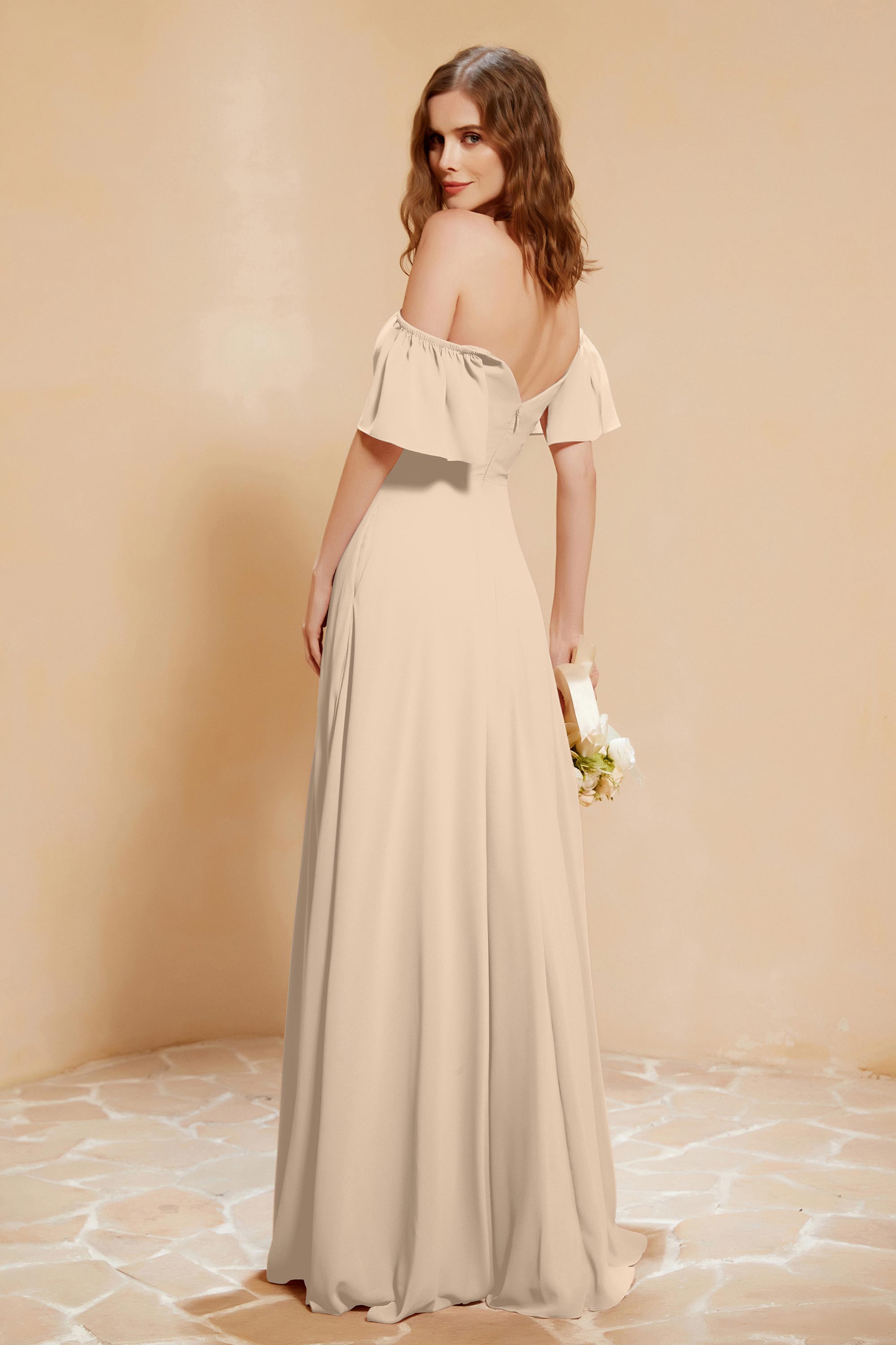 Square Neckline with Flutter Sleeves Chiffon Bridesmaid Dress Long Formal Evening Dresses
