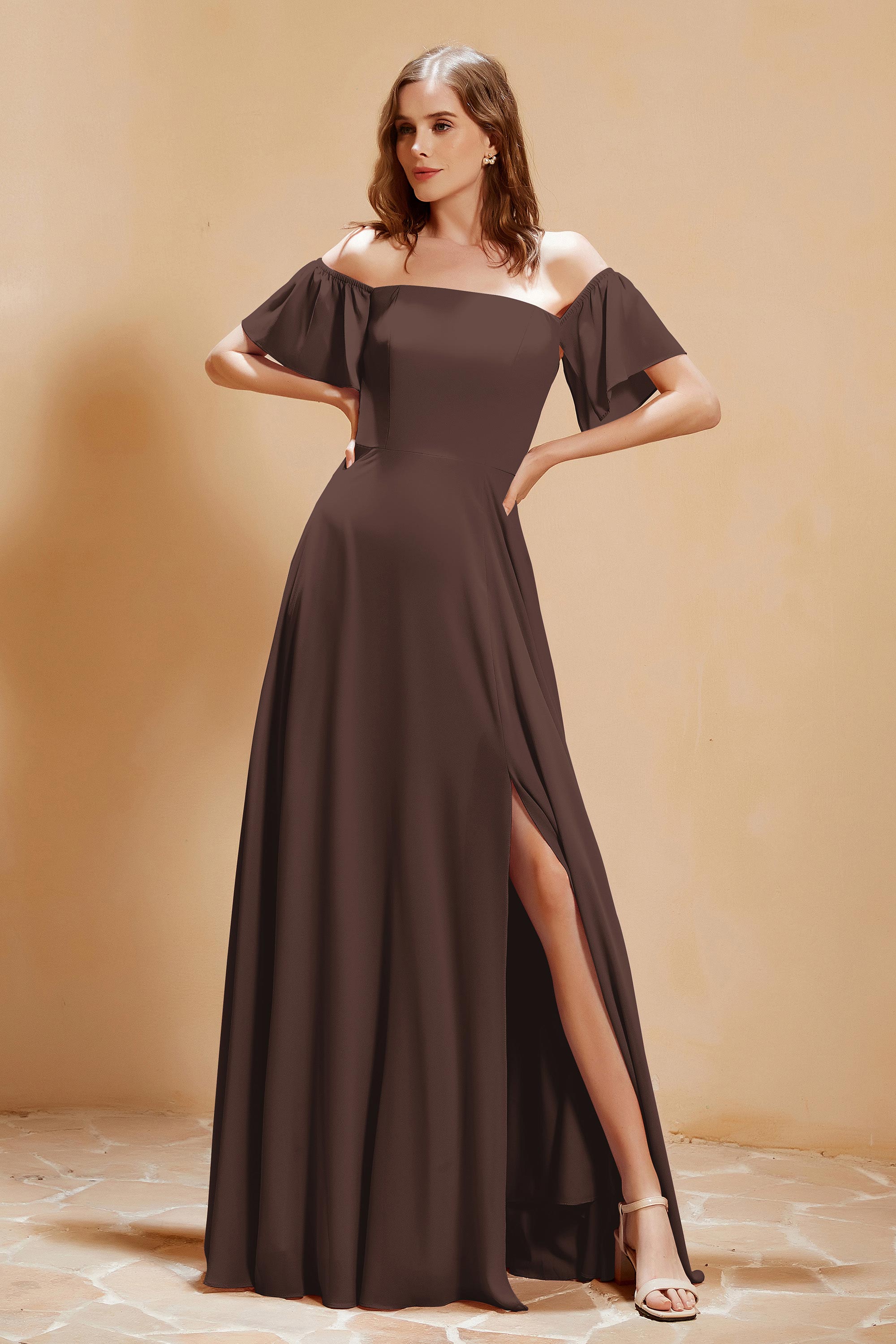 Square Neckline with Flutter Sleeves Chiffon Bridesmaid Dress Long Formal Evening Dresses