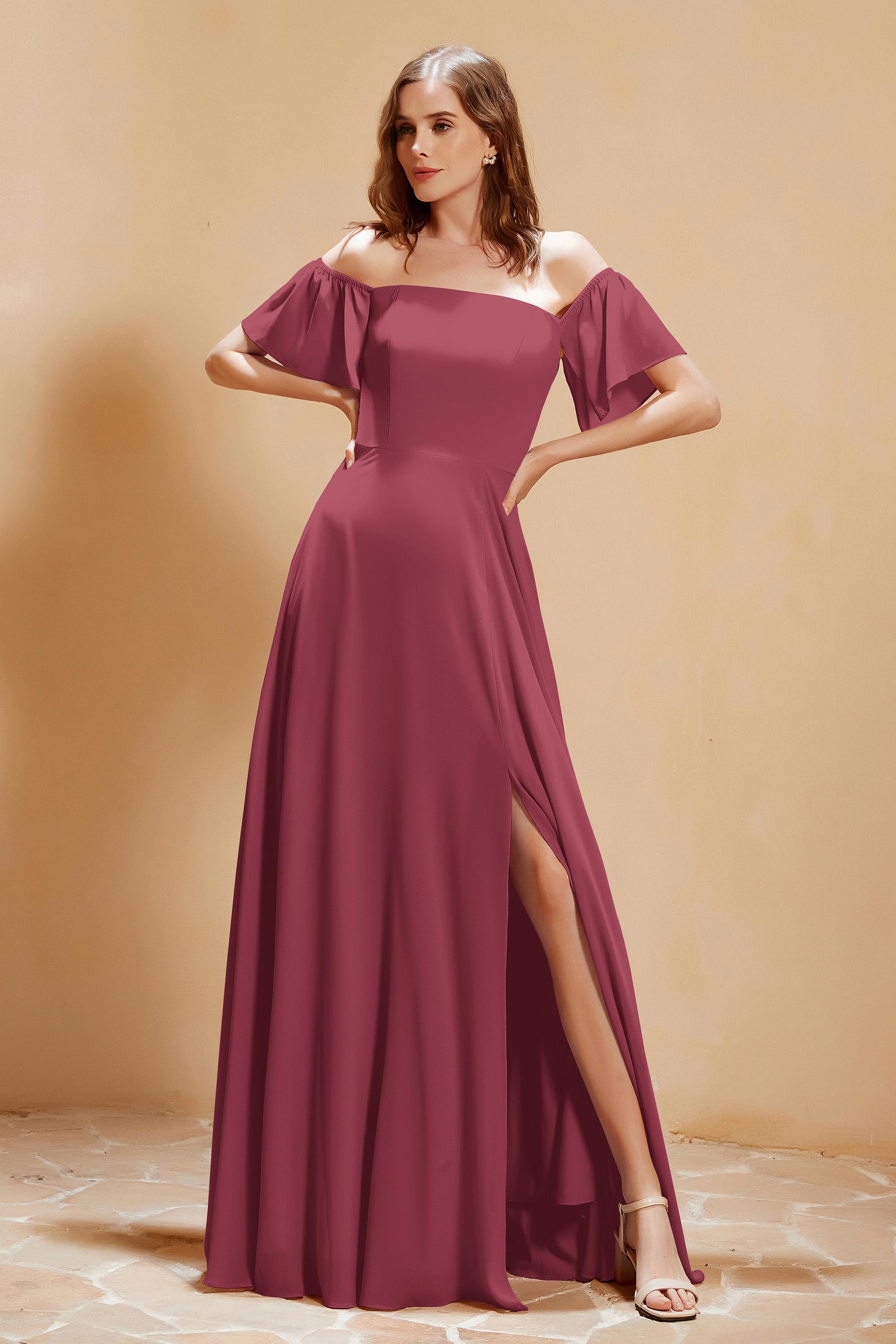 Square Neckline with Flutter Sleeves Chiffon Bridesmaid Dress Long Formal Evening Dresses