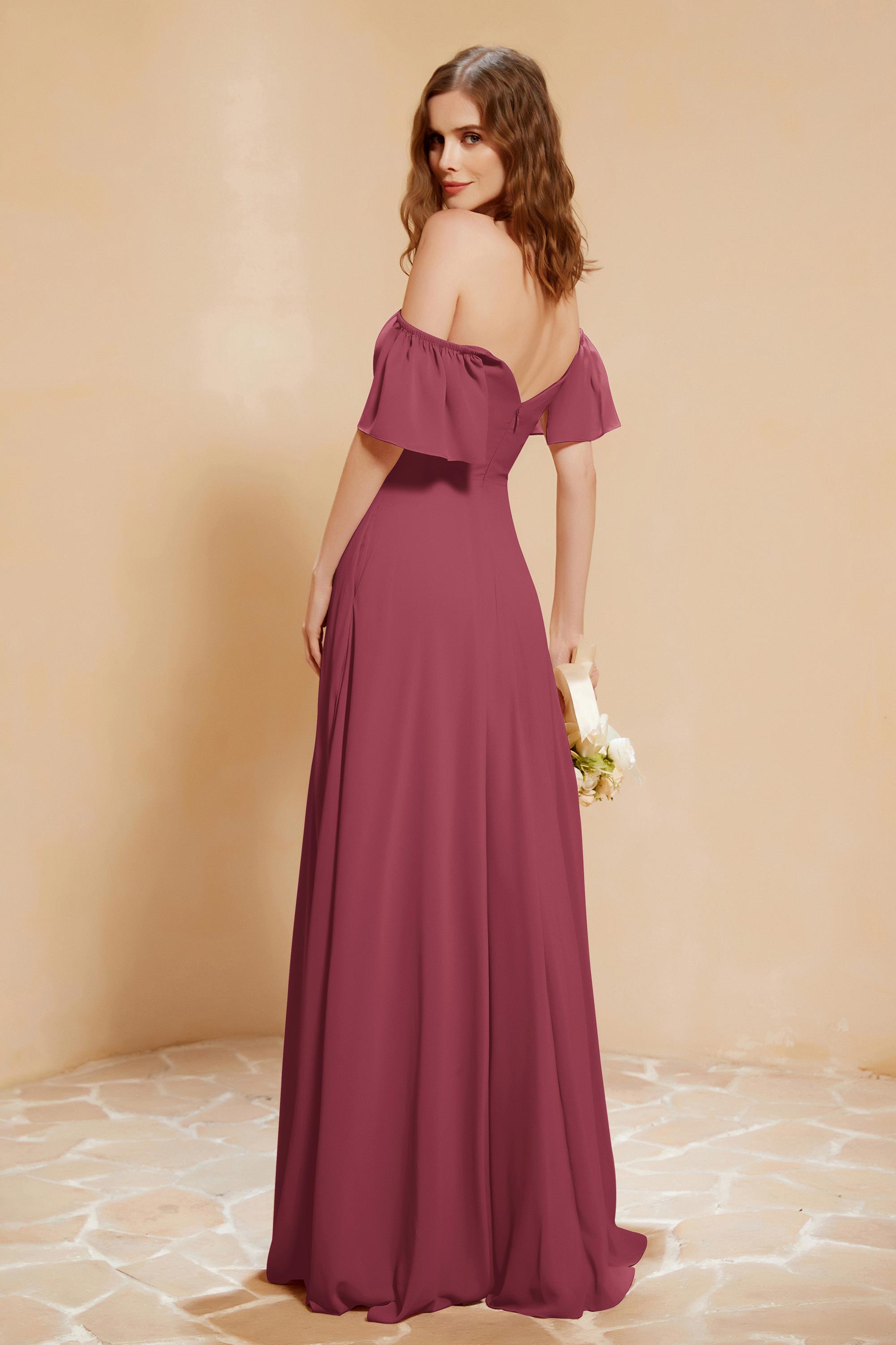 Square Neckline with Flutter Sleeves Chiffon Bridesmaid Dress Long Formal Evening Dresses
