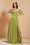 Square Neckline with Flutter Sleeves Chiffon Bridesmaid Dress Long Formal Evening Dresses