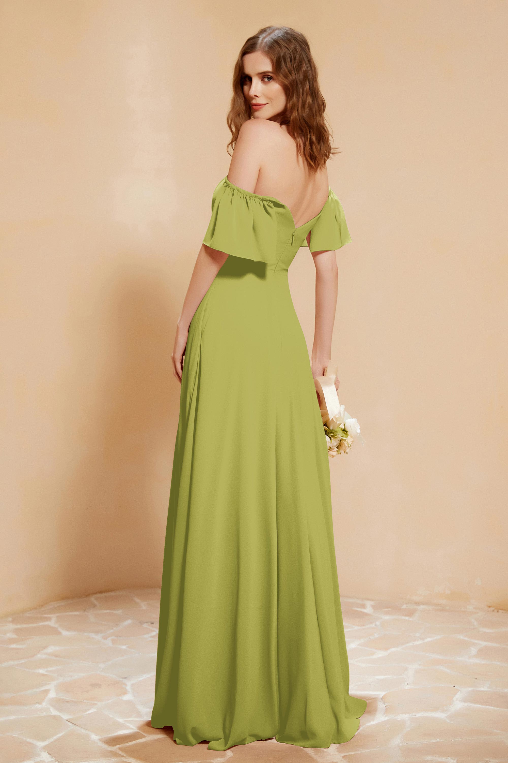 Square Neckline with Flutter Sleeves Chiffon Bridesmaid Dress Long Formal Evening Dresses