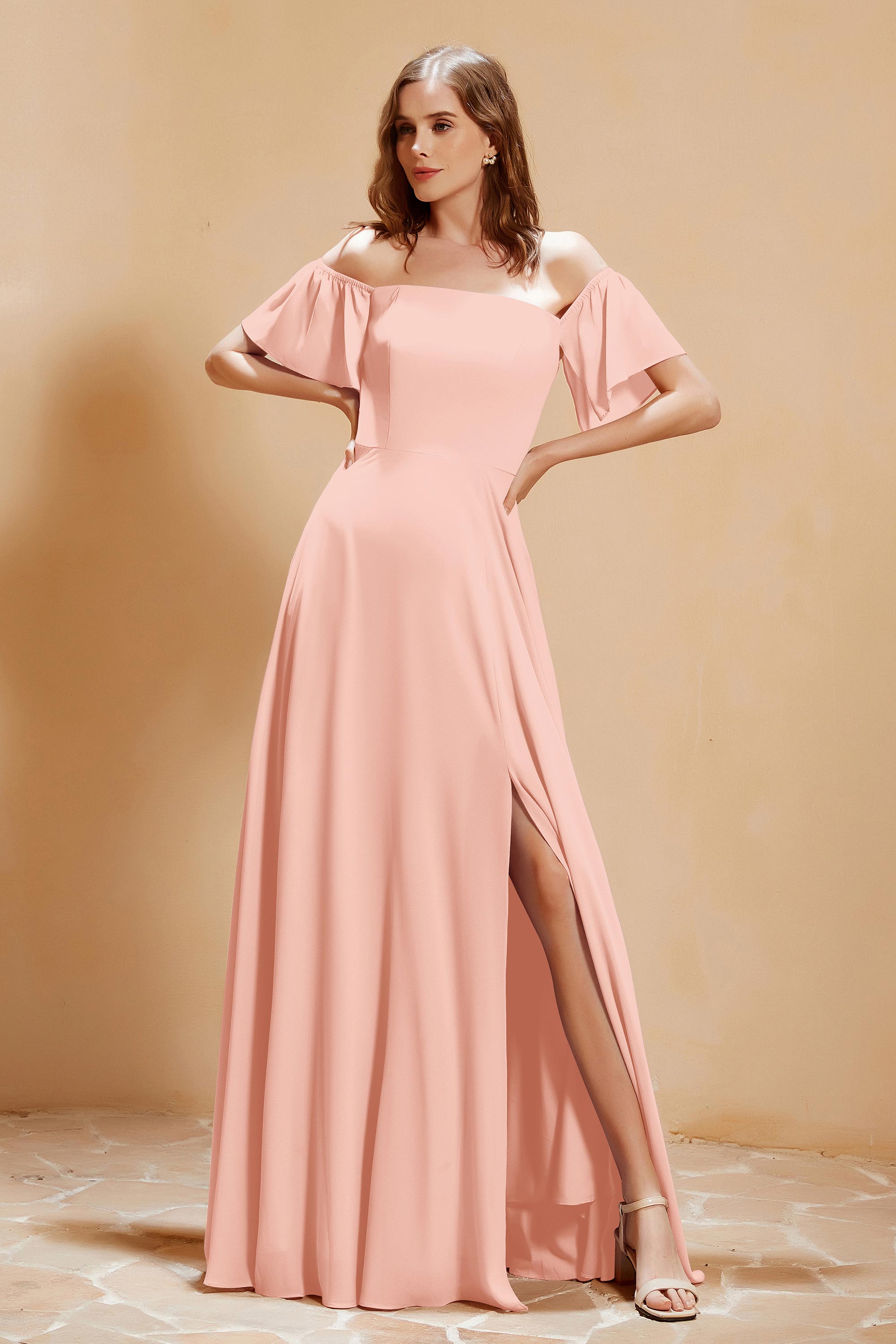 Square Neckline with Flutter Sleeves Chiffon Bridesmaid Dress Long Formal Evening Dresses