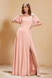 Square Neckline with Flutter Sleeves Chiffon Bridesmaid Dress Long Formal Evening Dresses