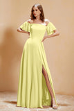 Square Neckline with Flutter Sleeves Chiffon Bridesmaid Dress Long Formal Evening Dresses