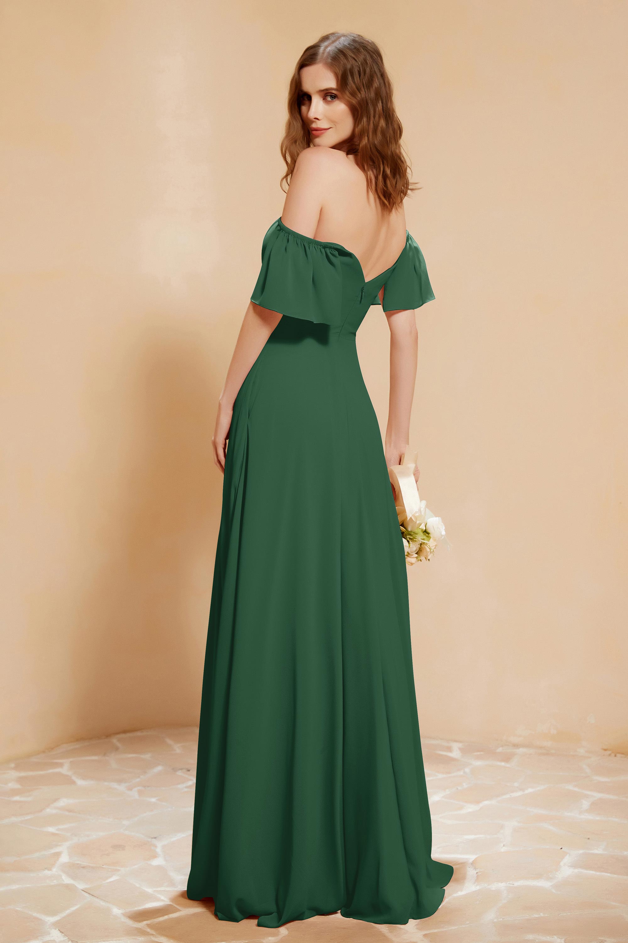 Square Neckline with Flutter Sleeves Chiffon Bridesmaid Dress Long Formal Evening Dresses