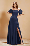 Square Neckline with Flutter Sleeves Chiffon Bridesmaid Dress Long Formal Evening Dresses