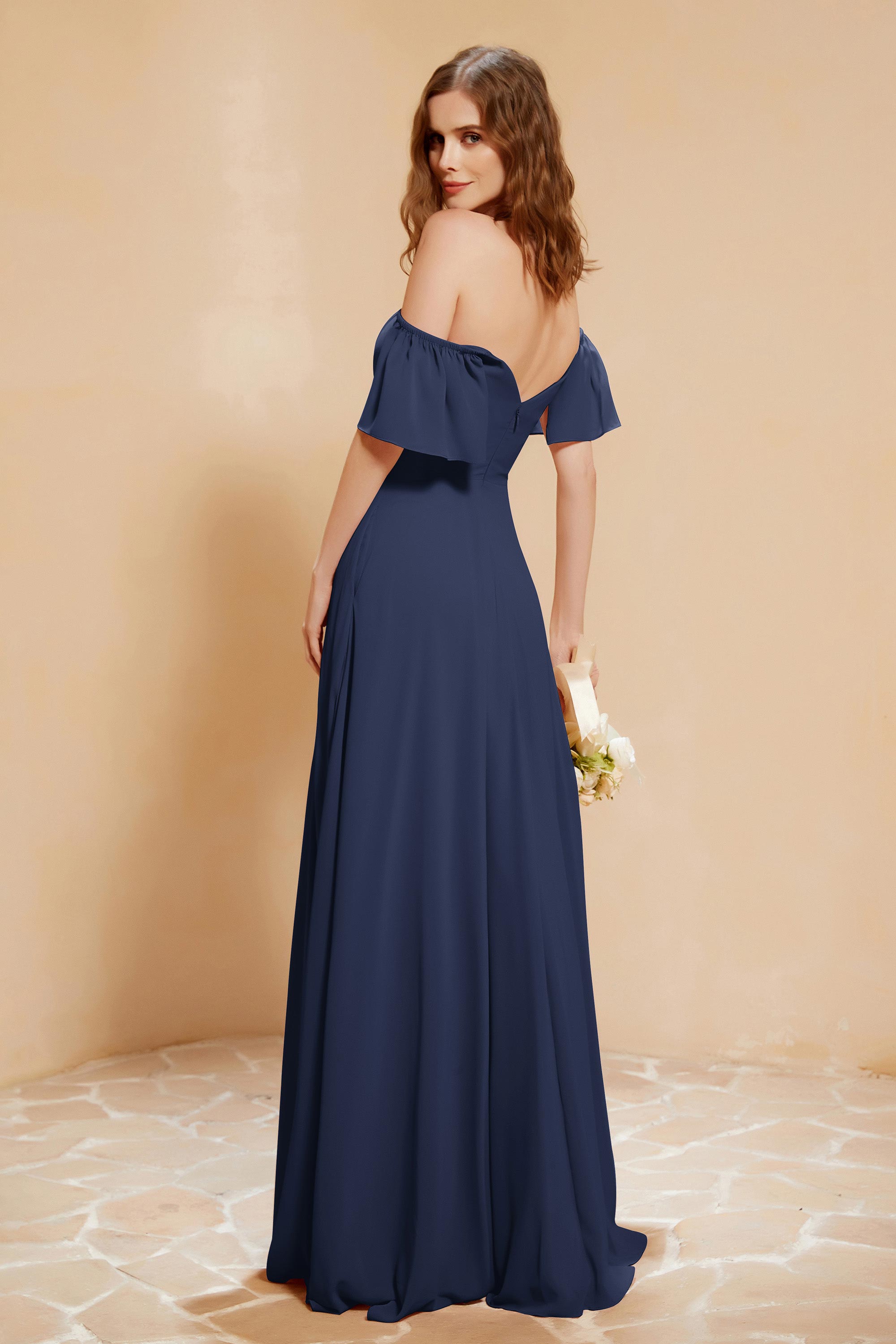 Square Neckline with Flutter Sleeves Chiffon Bridesmaid Dress Long Formal Evening Dresses
