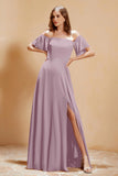 Square Neckline with Flutter Sleeves Chiffon Bridesmaid Dress Long Formal Evening Dresses