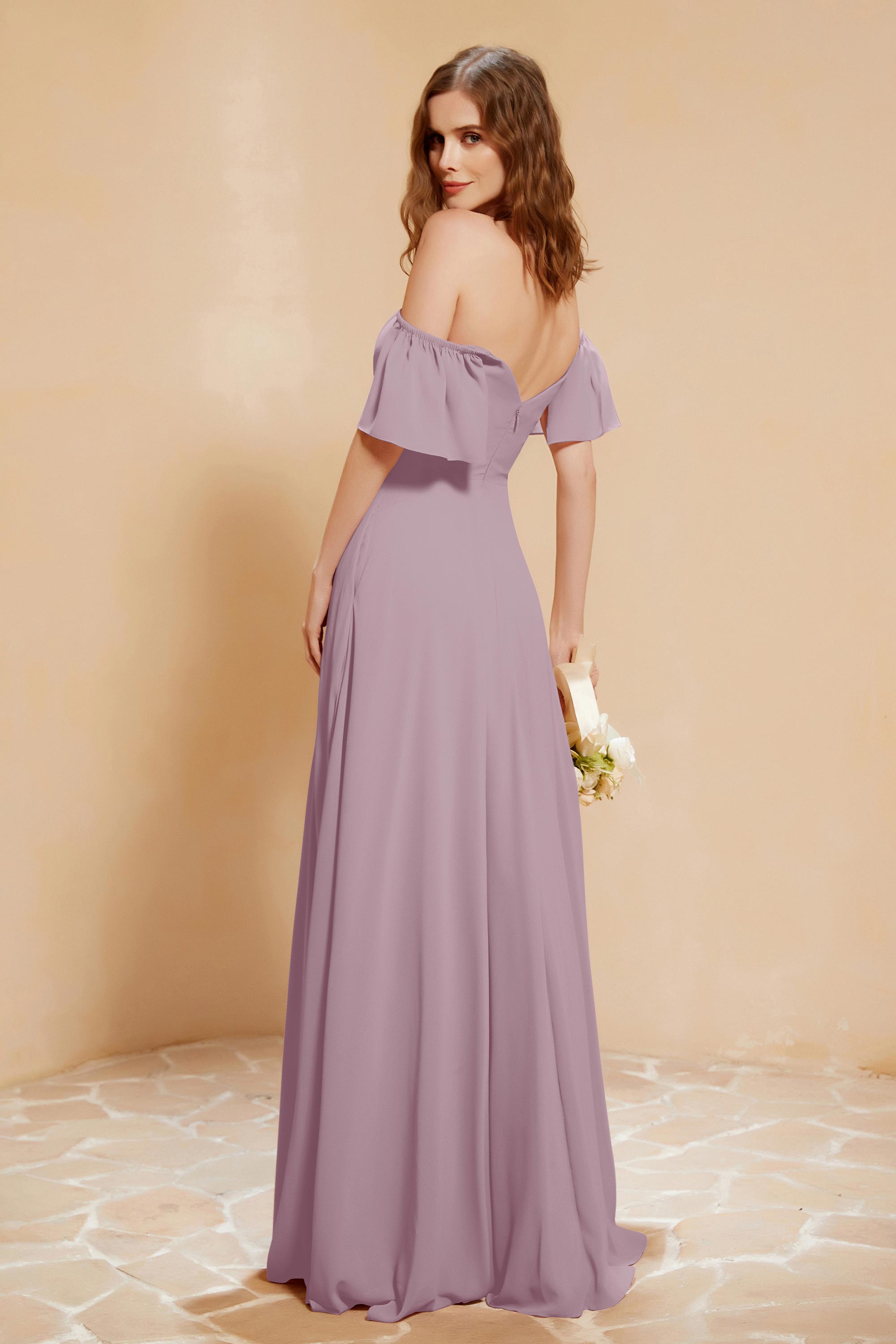 Square Neckline with Flutter Sleeves Chiffon Bridesmaid Dress Long Formal Evening Dresses