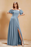Square Neckline with Flutter Sleeves Chiffon Bridesmaid Dress Long Formal Evening Dresses