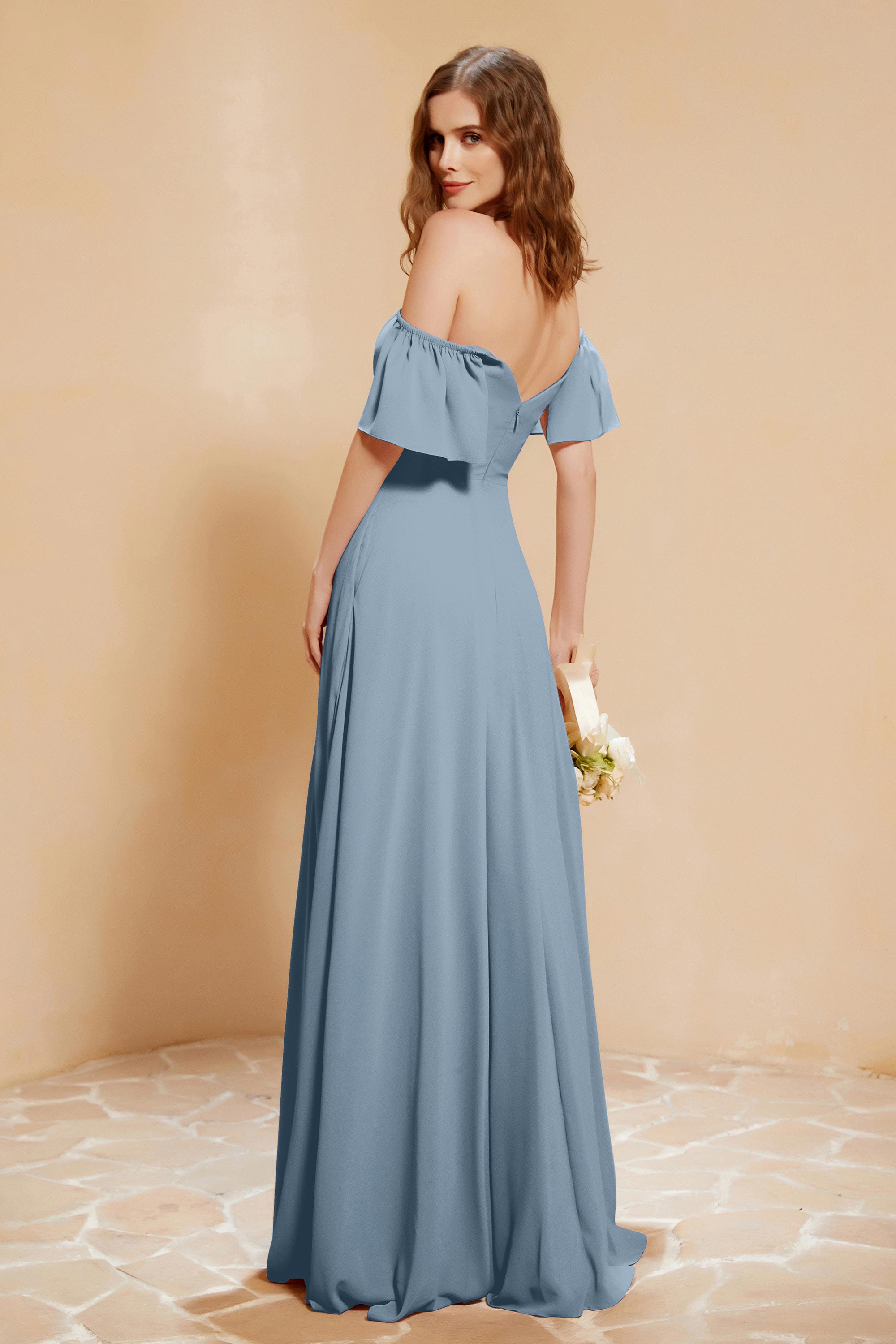 Square Neckline with Flutter Sleeves Chiffon Bridesmaid Dress Long Formal Evening Dresses