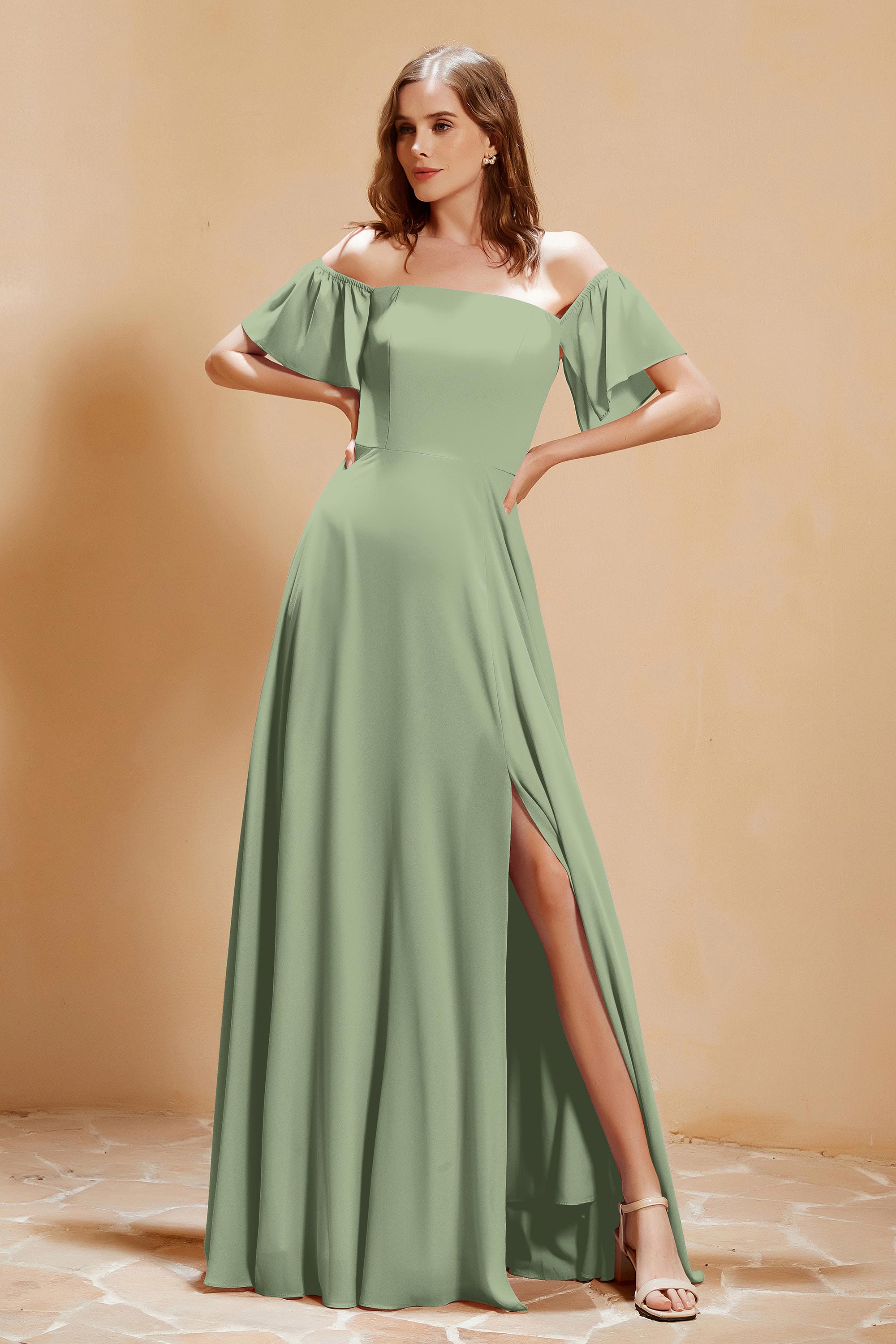 Square Neckline with Flutter Sleeves Chiffon Bridesmaid Dress Long Formal Evening Dresses