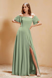Square Neckline with Flutter Sleeves Chiffon Bridesmaid Dress Long Formal Evening Dresses