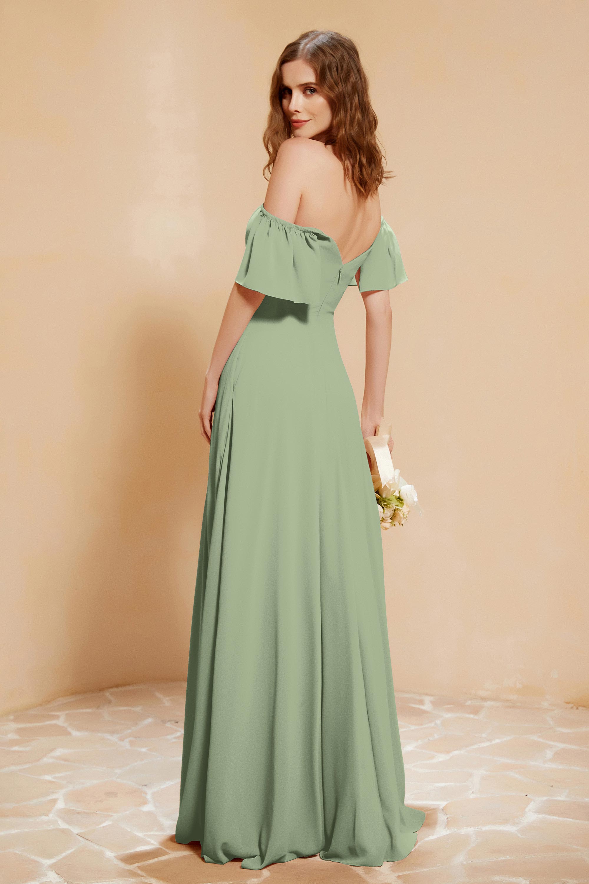 Square Neckline with Flutter Sleeves Chiffon Bridesmaid Dress Long Formal Evening Dresses