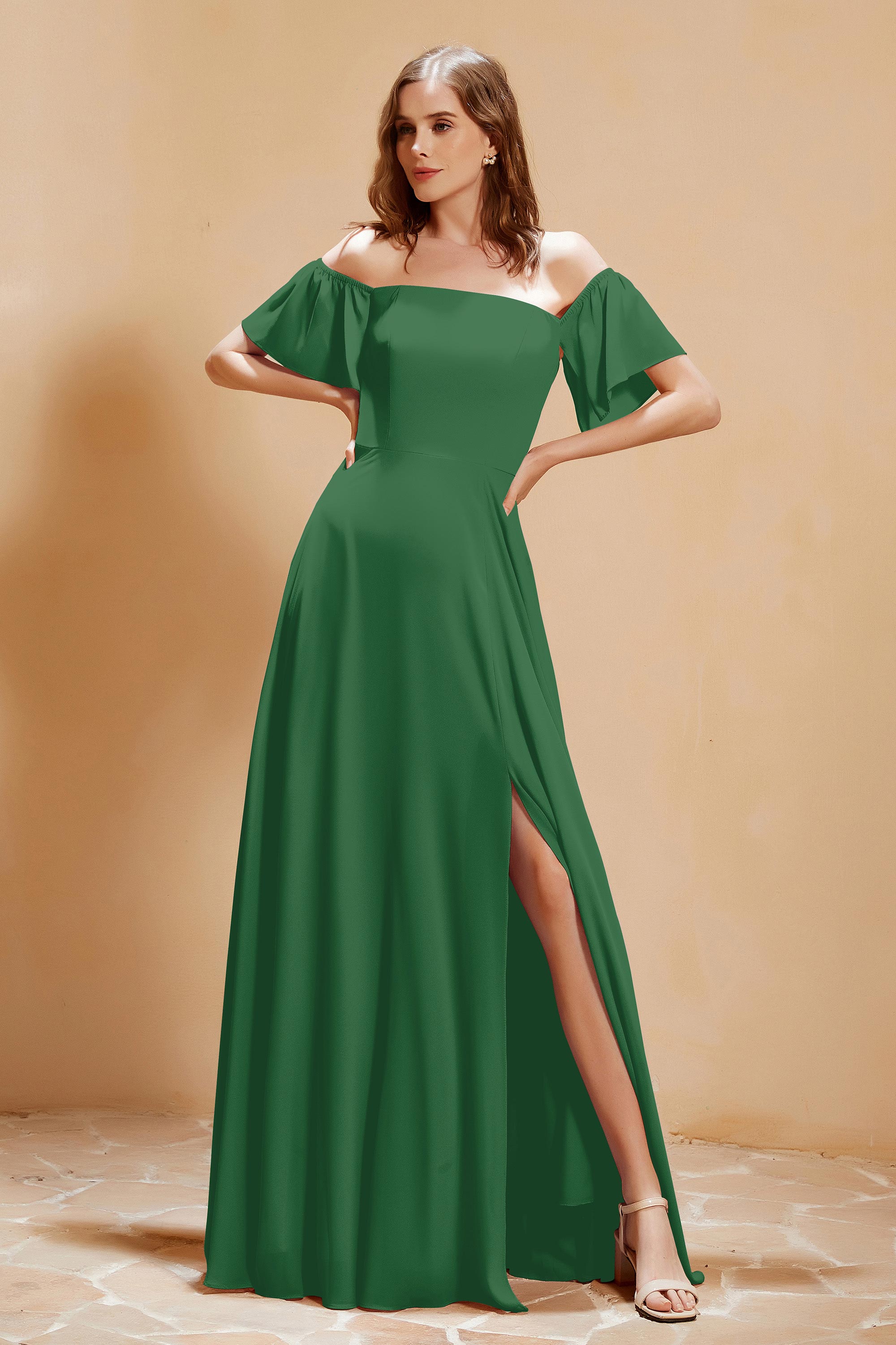 Square Neckline with Flutter Sleeves Chiffon Bridesmaid Dress Long Formal Evening Dresses