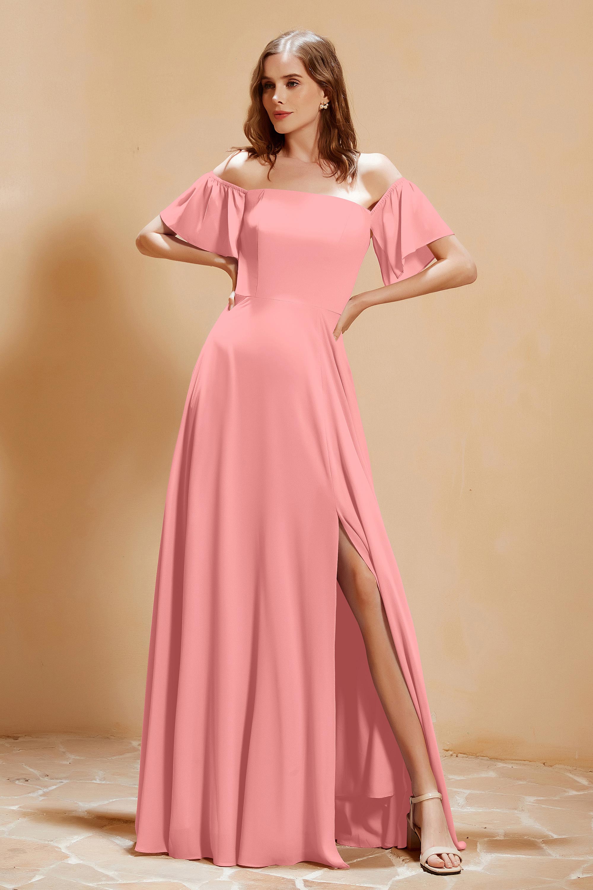 Square Neckline with Flutter Sleeves Chiffon Bridesmaid Dress Long Formal Evening Dresses