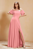 Square Neckline with Flutter Sleeves Chiffon Bridesmaid Dress Long Formal Evening Dresses