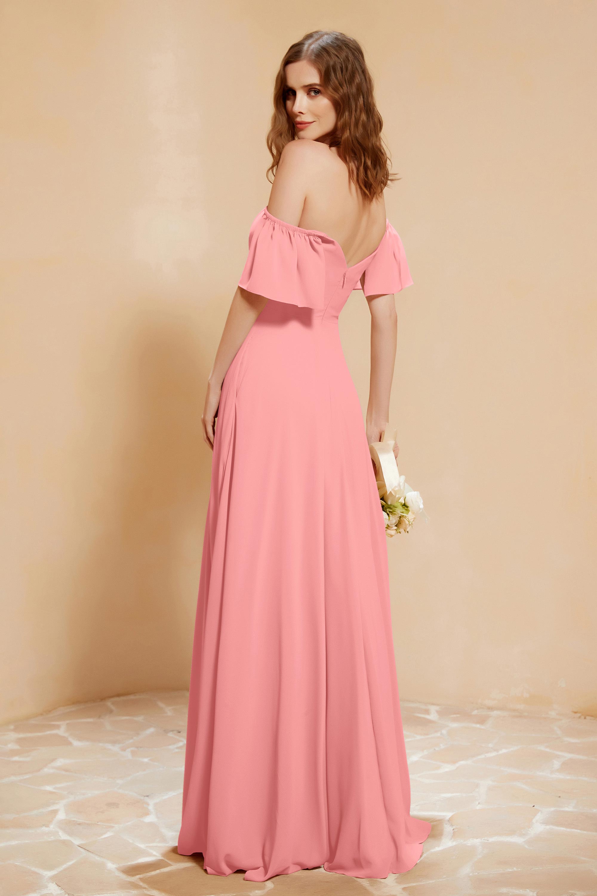 Square Neckline with Flutter Sleeves Chiffon Bridesmaid Dress Long Formal Evening Dresses