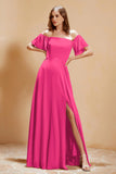Square Neckline with Flutter Sleeves Chiffon Bridesmaid Dress Long Formal Evening Dresses