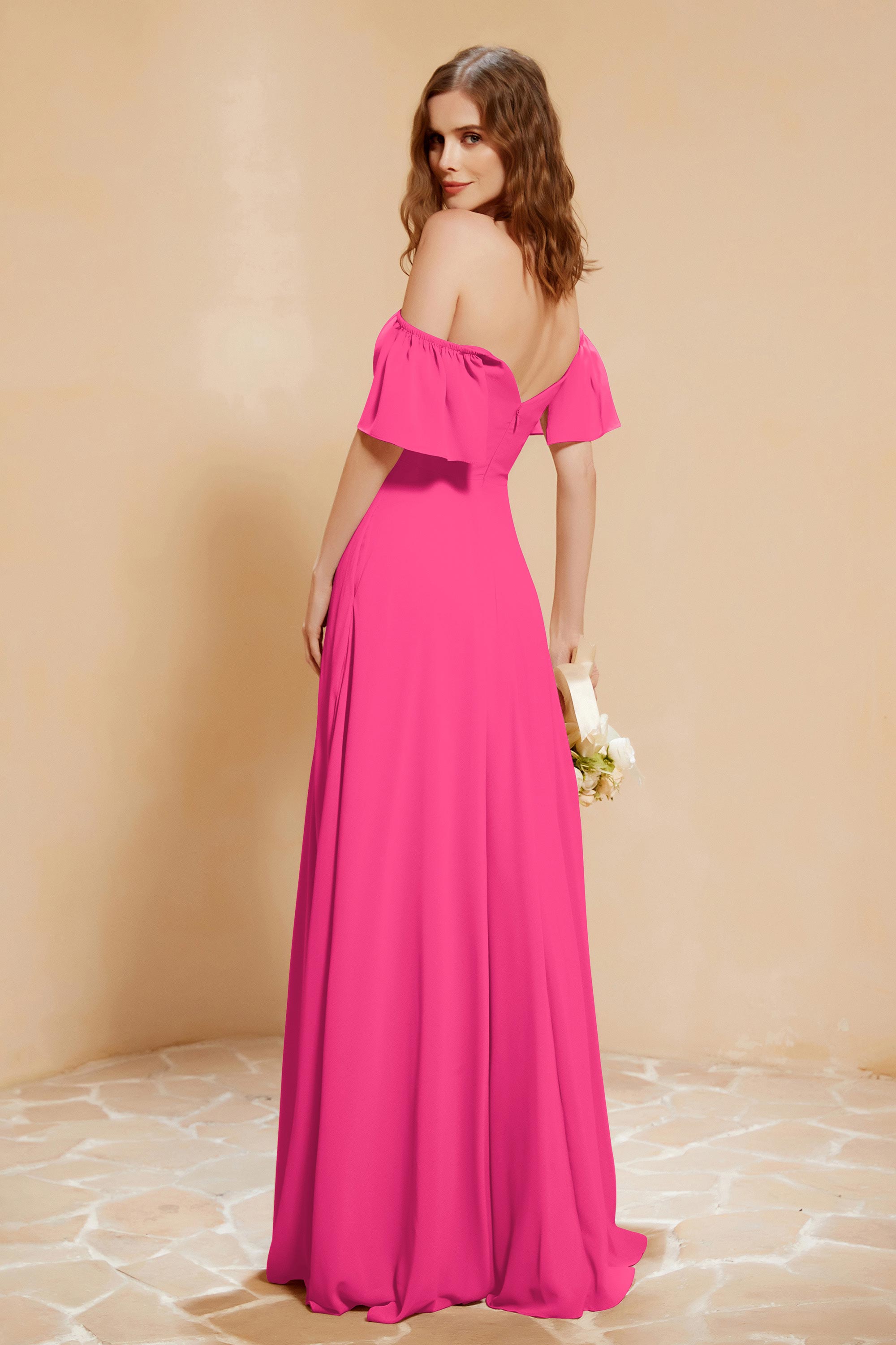 Square Neckline with Flutter Sleeves Chiffon Bridesmaid Dress Long Formal Evening Dresses
