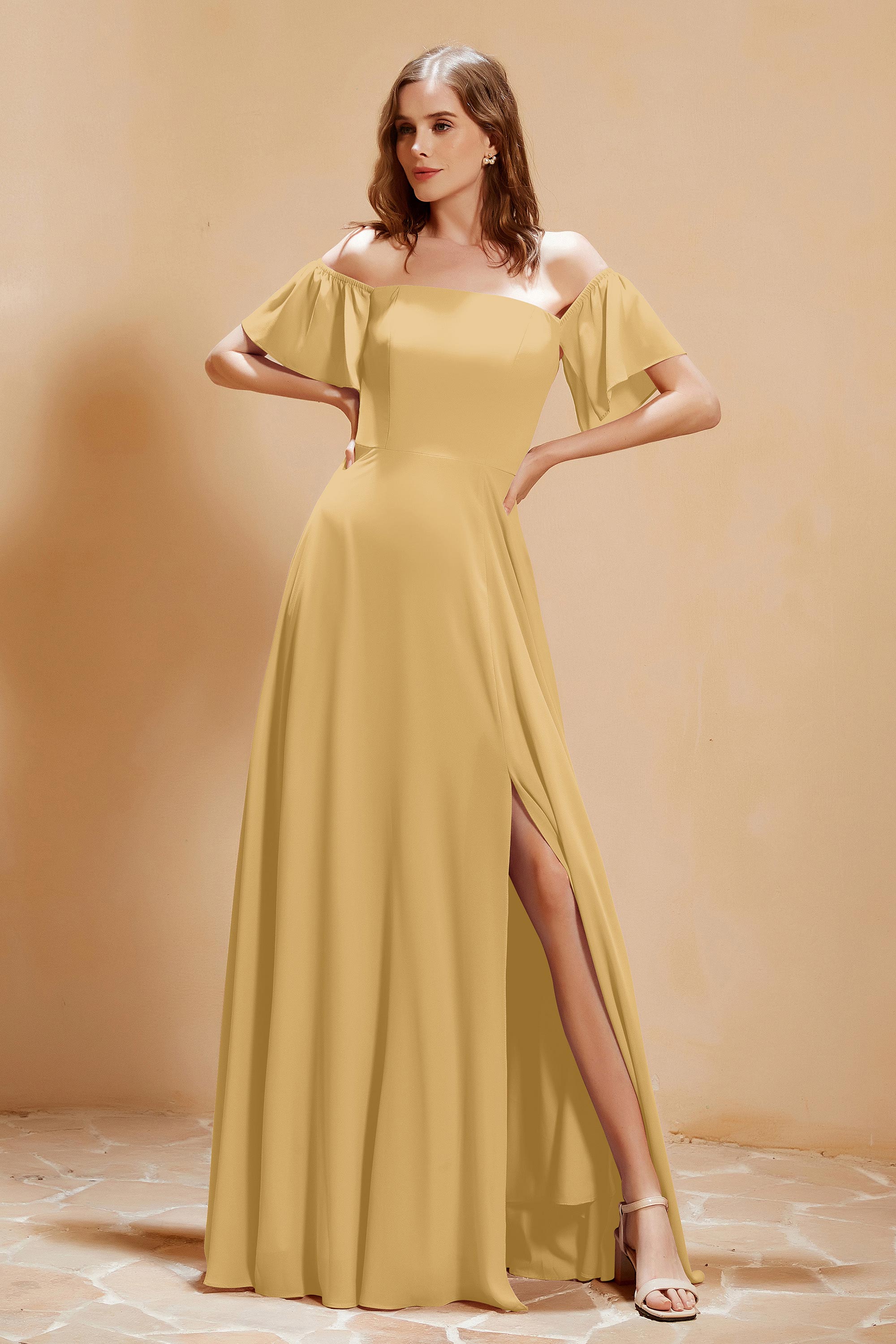 Square Neckline with Flutter Sleeves Chiffon Bridesmaid Dress Long Formal Evening Dresses